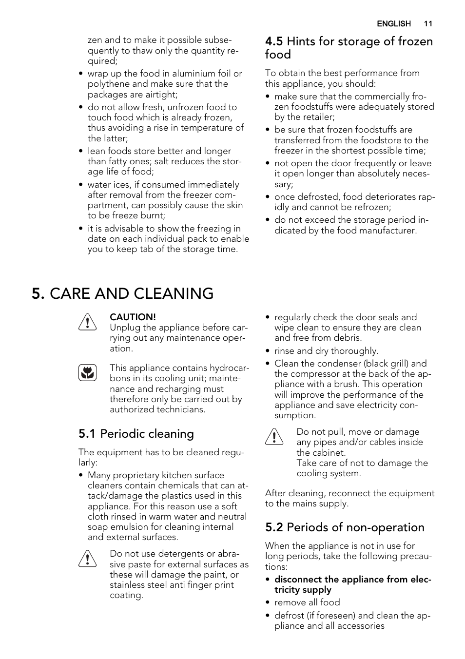 Care and cleaning, 5 hints for storage of frozen food, 1 periodic cleaning | 2 periods of non-operation | AEG SCT81900S0 User Manual | Page 11 / 28