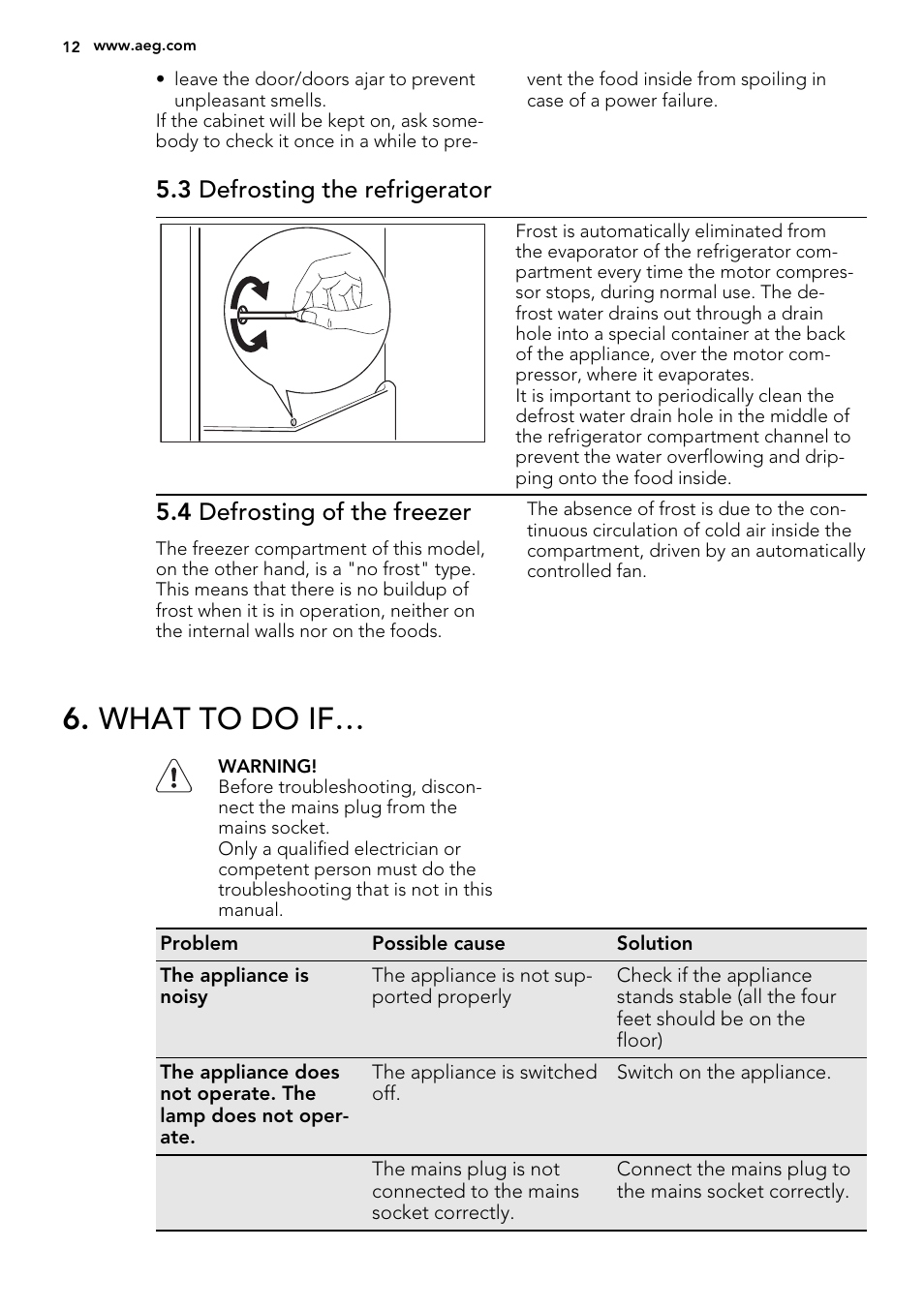 What to do if, 3 defrosting the refrigerator, 4 defrosting of the freezer | AEG SCT81900S0 User Manual | Page 12 / 28
