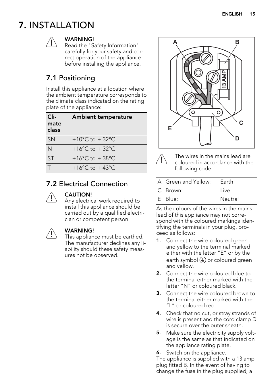 Installation, 1 positioning, 2 electrical connection | AEG SCT81900S0 User Manual | Page 15 / 28