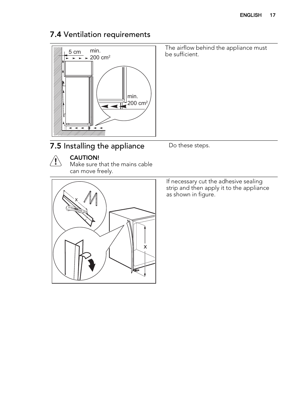 4 ventilation requirements, 5 installing the appliance | AEG SCT81900S0 User Manual | Page 17 / 28