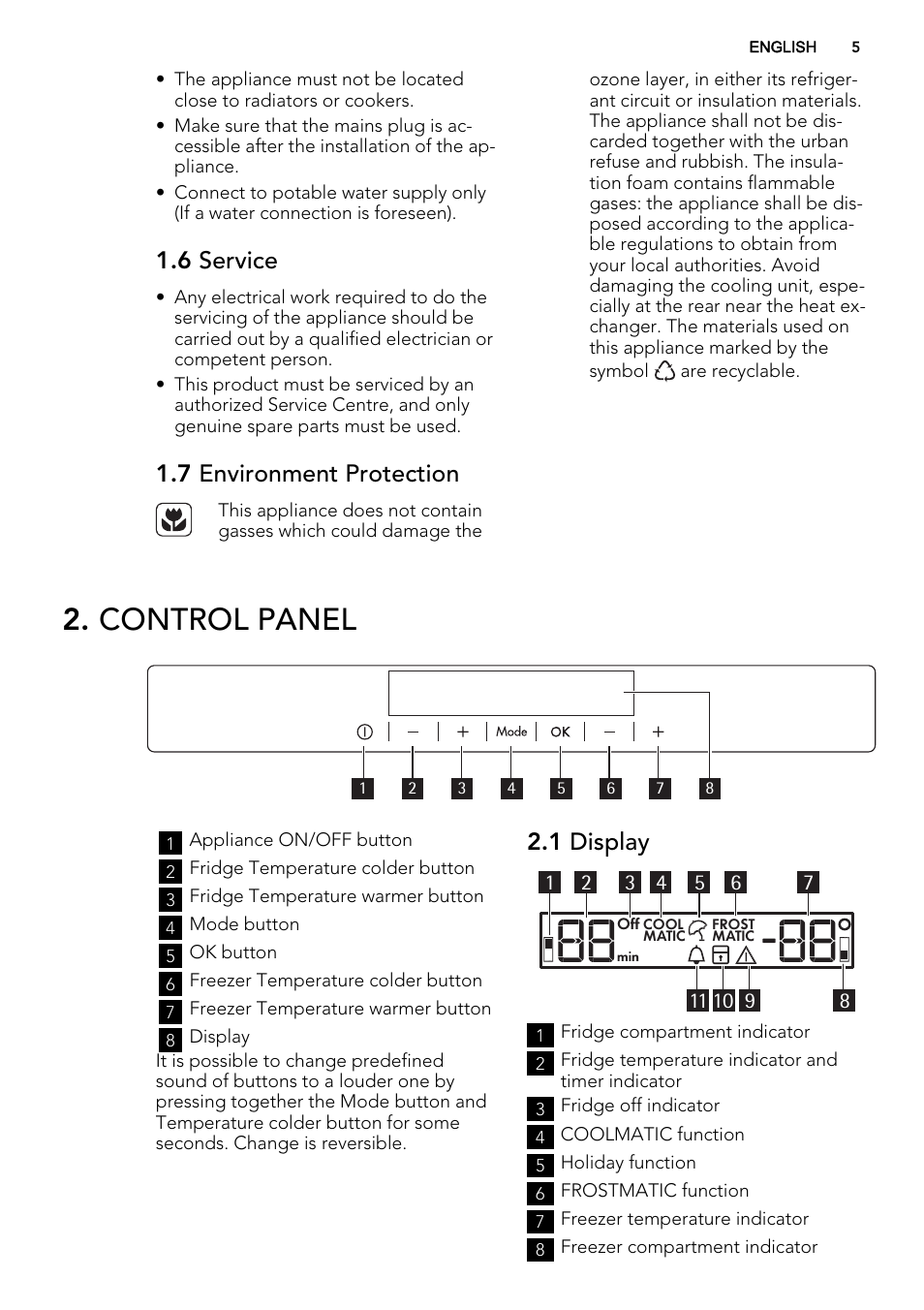 Control panel, 6 service, 7 environment protection | 1 display | AEG SCT81900S0 User Manual | Page 5 / 28