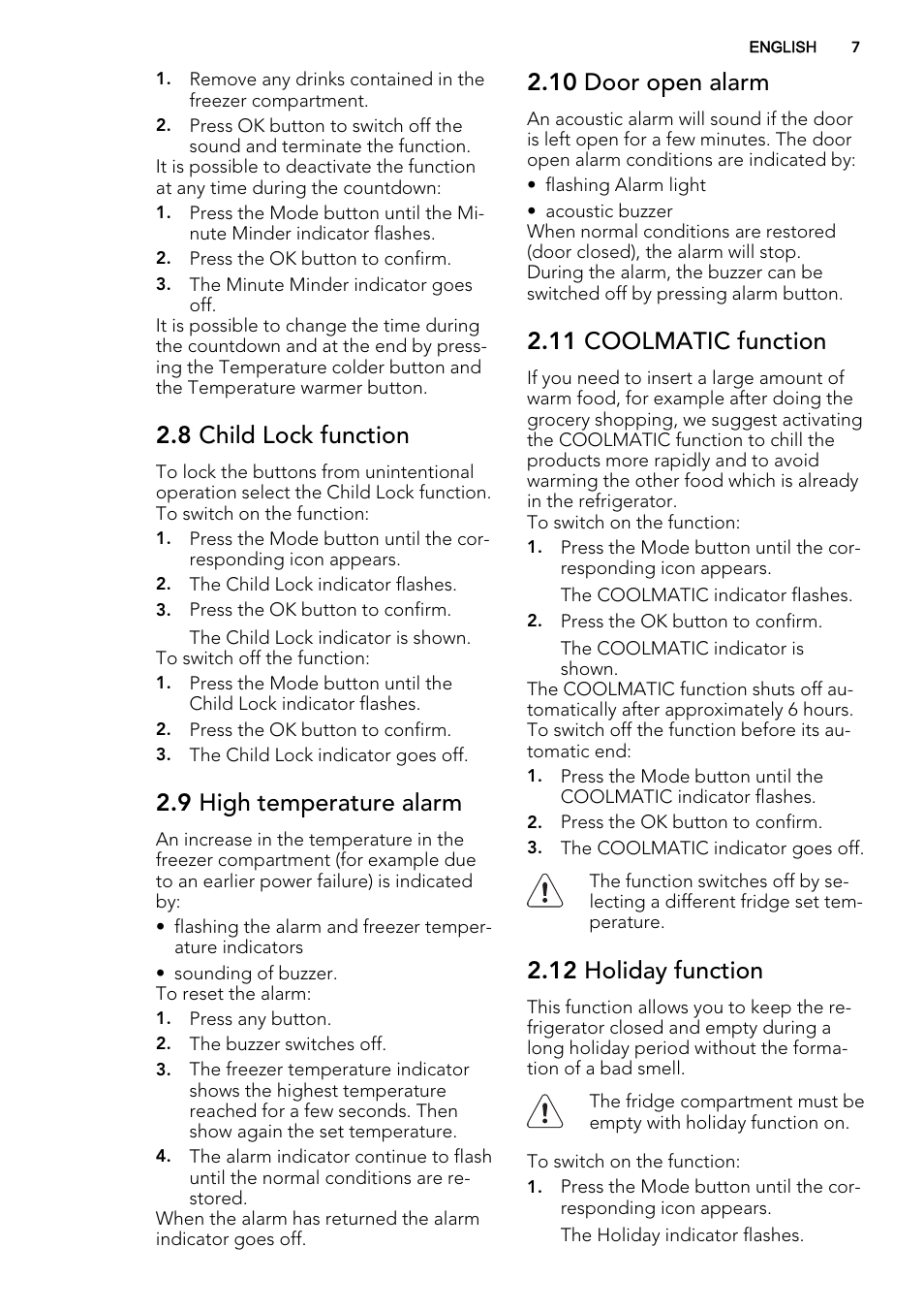 8 child lock function, 9 high temperature alarm, 10 door open alarm | 11 coolmatic function, 12 holiday function | AEG SCT81900S0 User Manual | Page 7 / 28