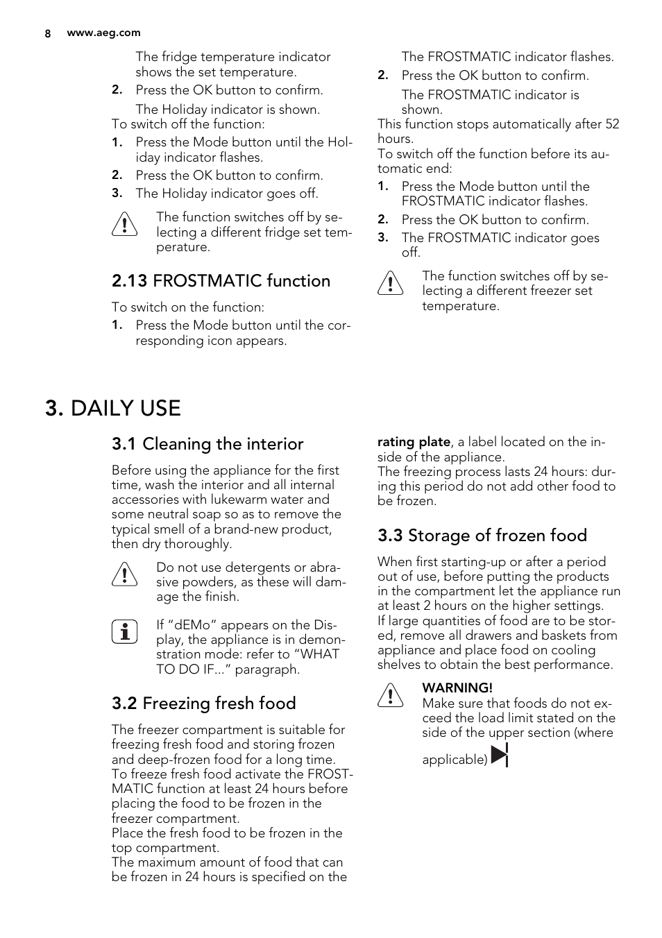 Daily use, 13 frostmatic function, 1 cleaning the interior | 2 freezing fresh food, 3 storage of frozen food | AEG SCT81900S0 User Manual | Page 8 / 28