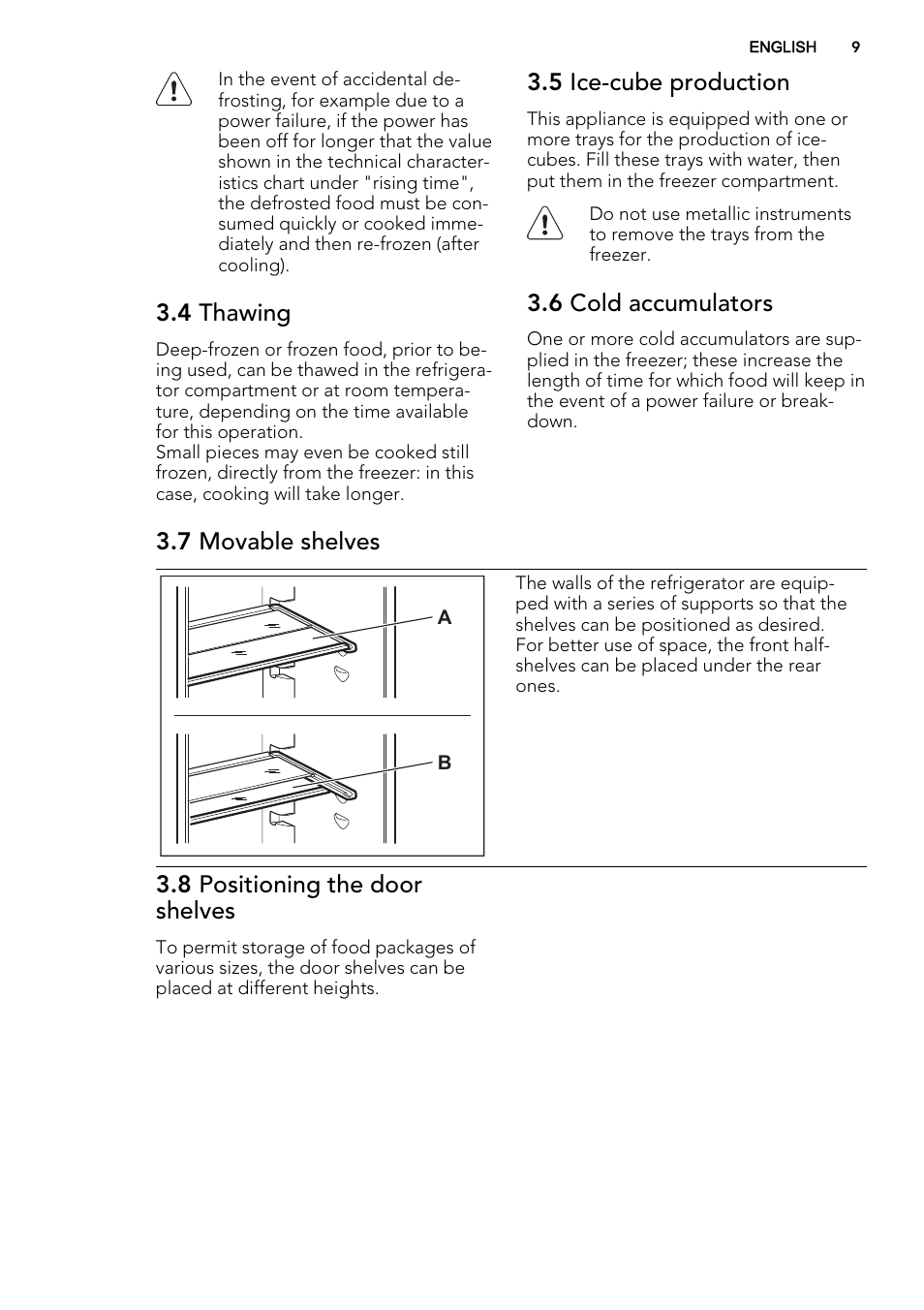 4 thawing, 5 ice-cube production, 6 cold accumulators | 7 movable shelves, 8 positioning the door shelves | AEG SCT81900S0 User Manual | Page 9 / 28