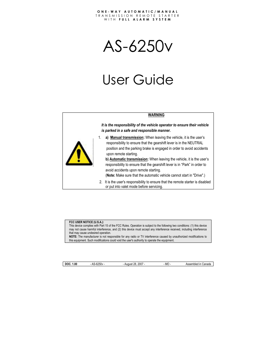 Autostart AS-6250V User Manual | 15 pages