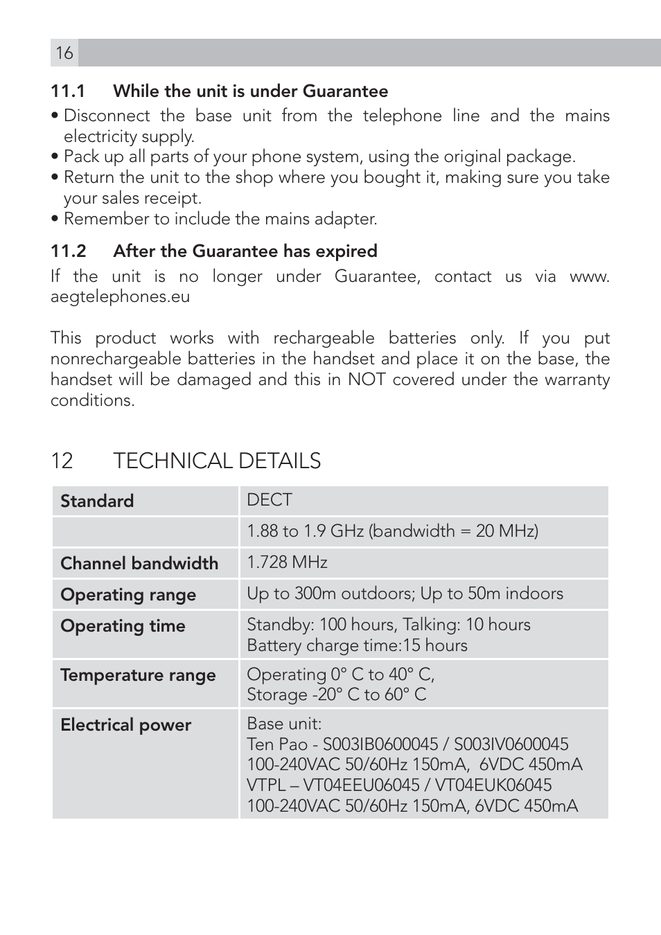 12 technical details | AEG Voxtel D500 User Manual | Page 16 / 140