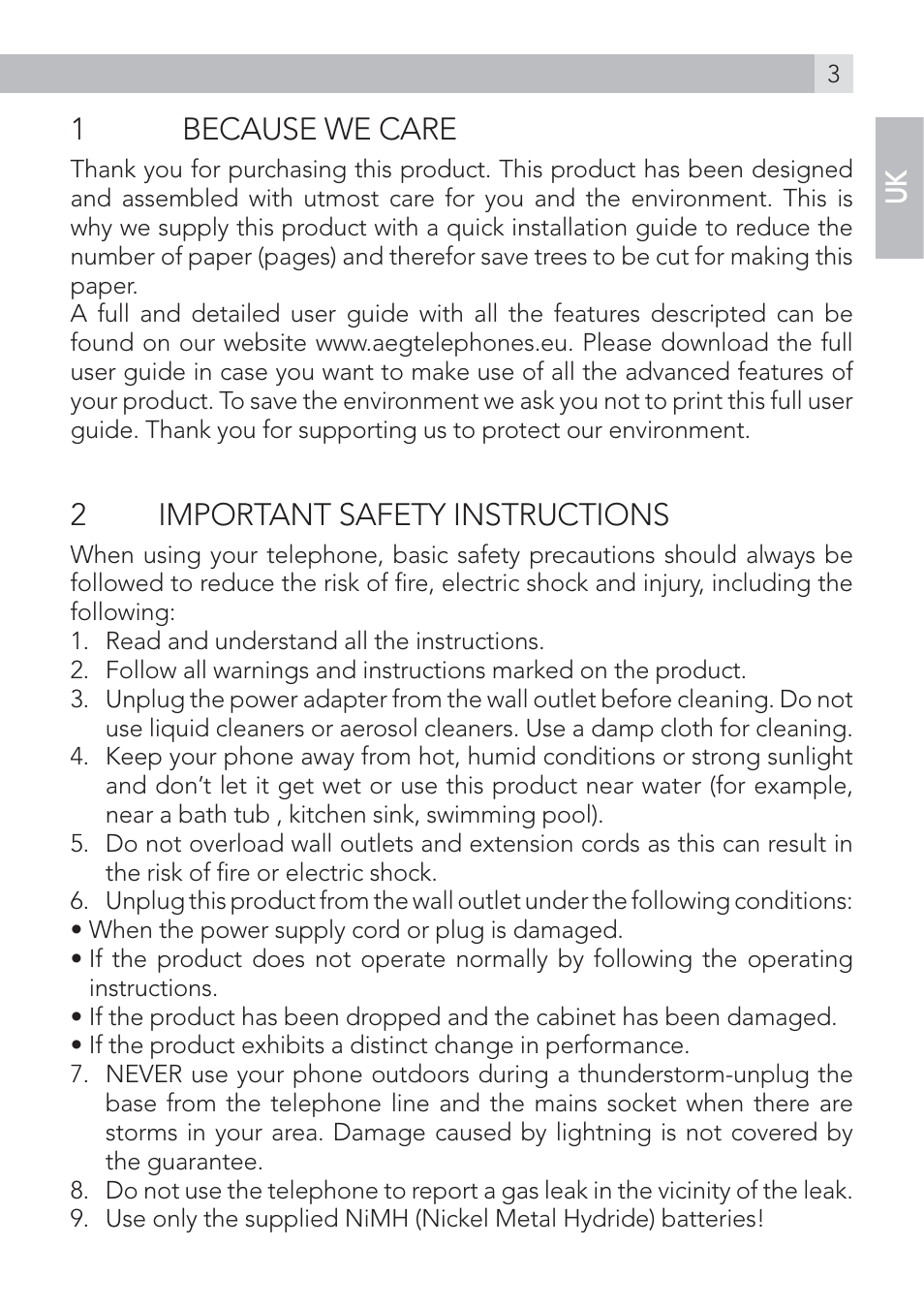 1because we care, 2important safety instructions | AEG Voxtel D500 User Manual | Page 3 / 140