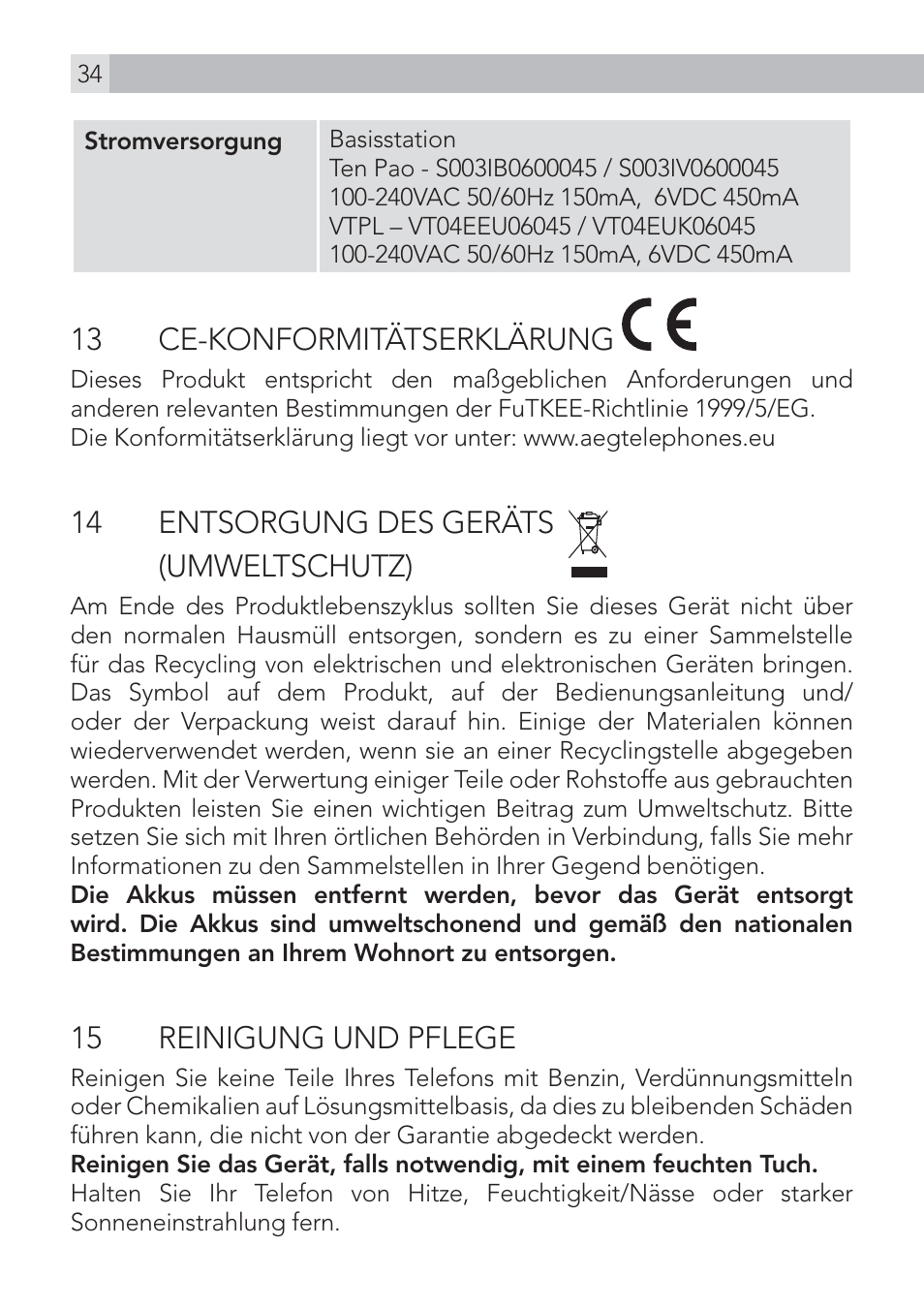 13 ce-konformitätserklärung, 14 entsorgung des geräts (umweltschutz), 15 reinigung und pflege | AEG Voxtel D500 User Manual | Page 34 / 140
