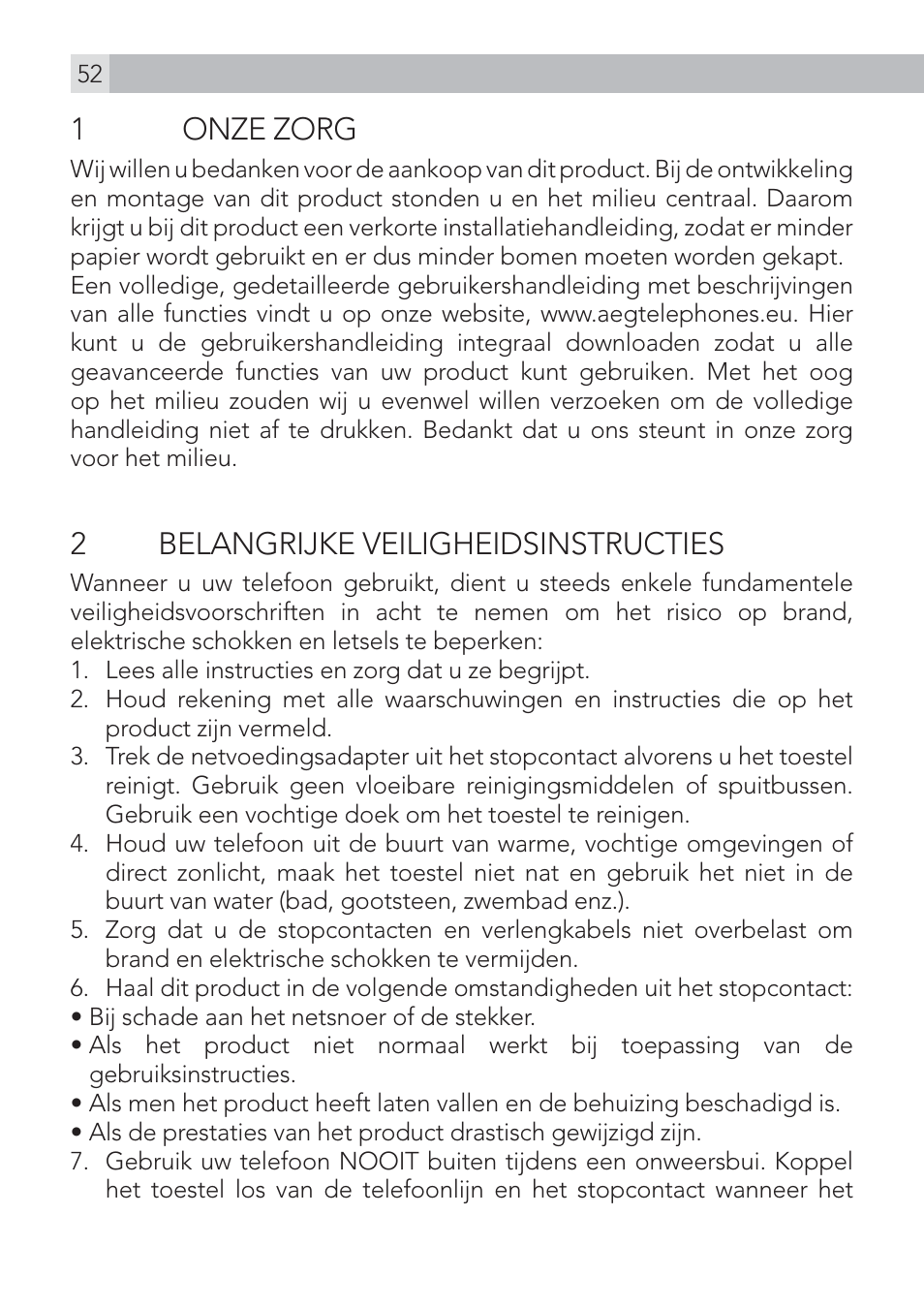 1 onze zorg, 2 belangrijke veiligheidsinstructies | AEG Voxtel D500 User Manual | Page 52 / 140