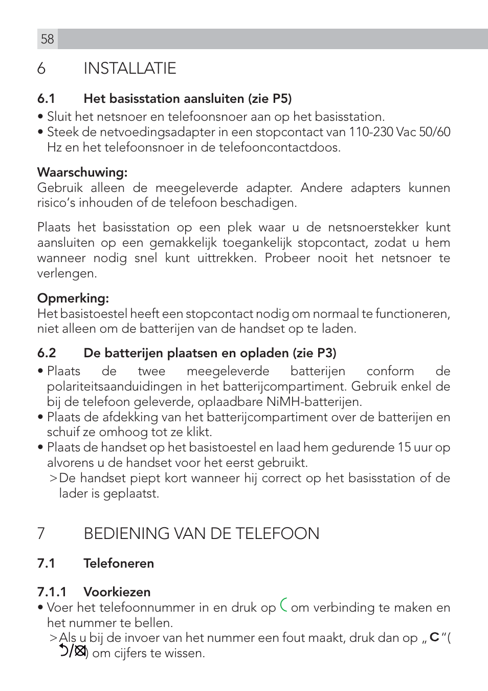 6 installatie, 7bediening van de telefoon | AEG Voxtel D500 User Manual | Page 58 / 140