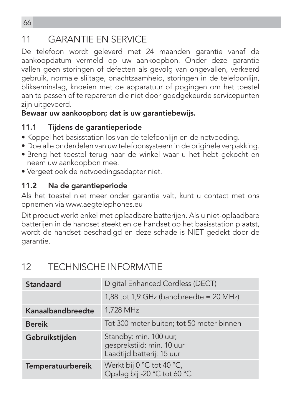 11 garantie en service, 12 technische informatie | AEG Voxtel D500 User Manual | Page 66 / 140