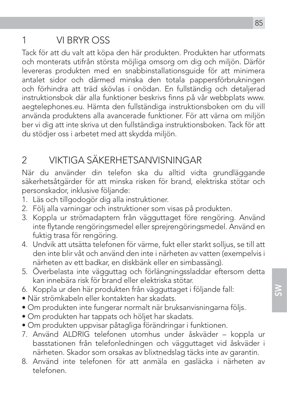 1vi bryr oss, 2 viktiga säkerhetsanvisningar | AEG Voxtel D500 User Manual | Page 85 / 140
