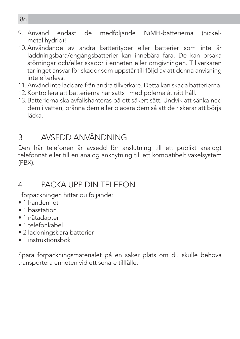 3 avsedd användning, 4packa upp din telefon | AEG Voxtel D500 User Manual | Page 86 / 140