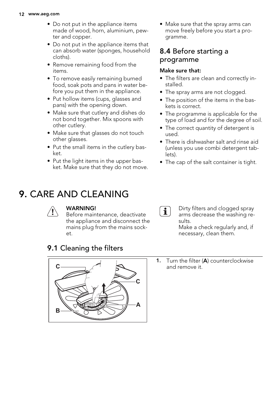 Care and cleaning, 4 before starting a programme, 1 cleaning the filters | AEG F77012M0P User Manual | Page 12 / 16