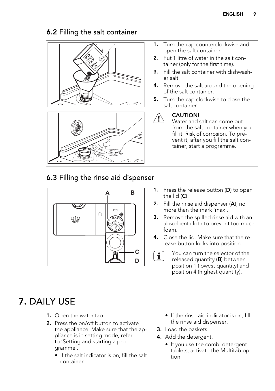 Daily use, 2 filling the salt container, 3 filling the rinse aid dispenser | AEG F77012M0P User Manual | Page 9 / 16