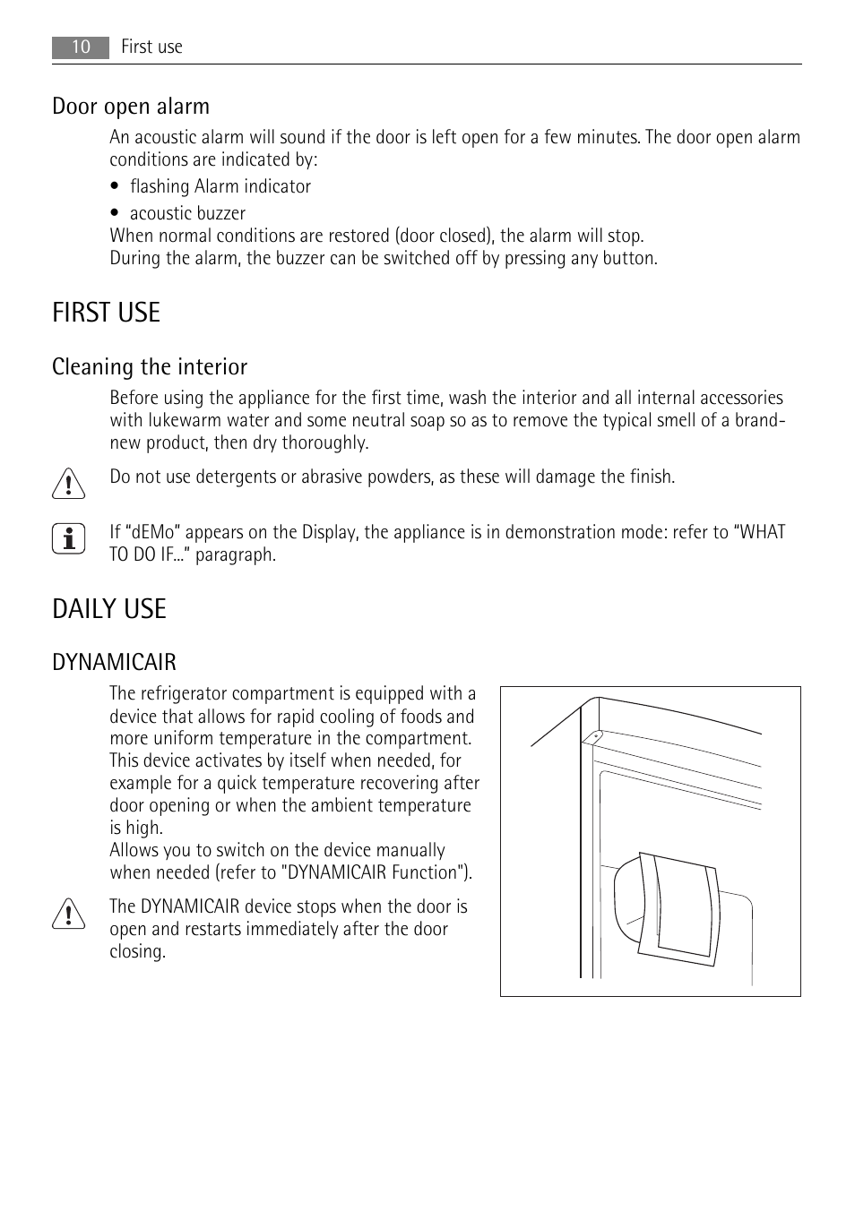 First use, Daily use, Door open alarm | Cleaning the interior, Dynamicair | AEG SKS78800F0 User Manual | Page 10 / 20