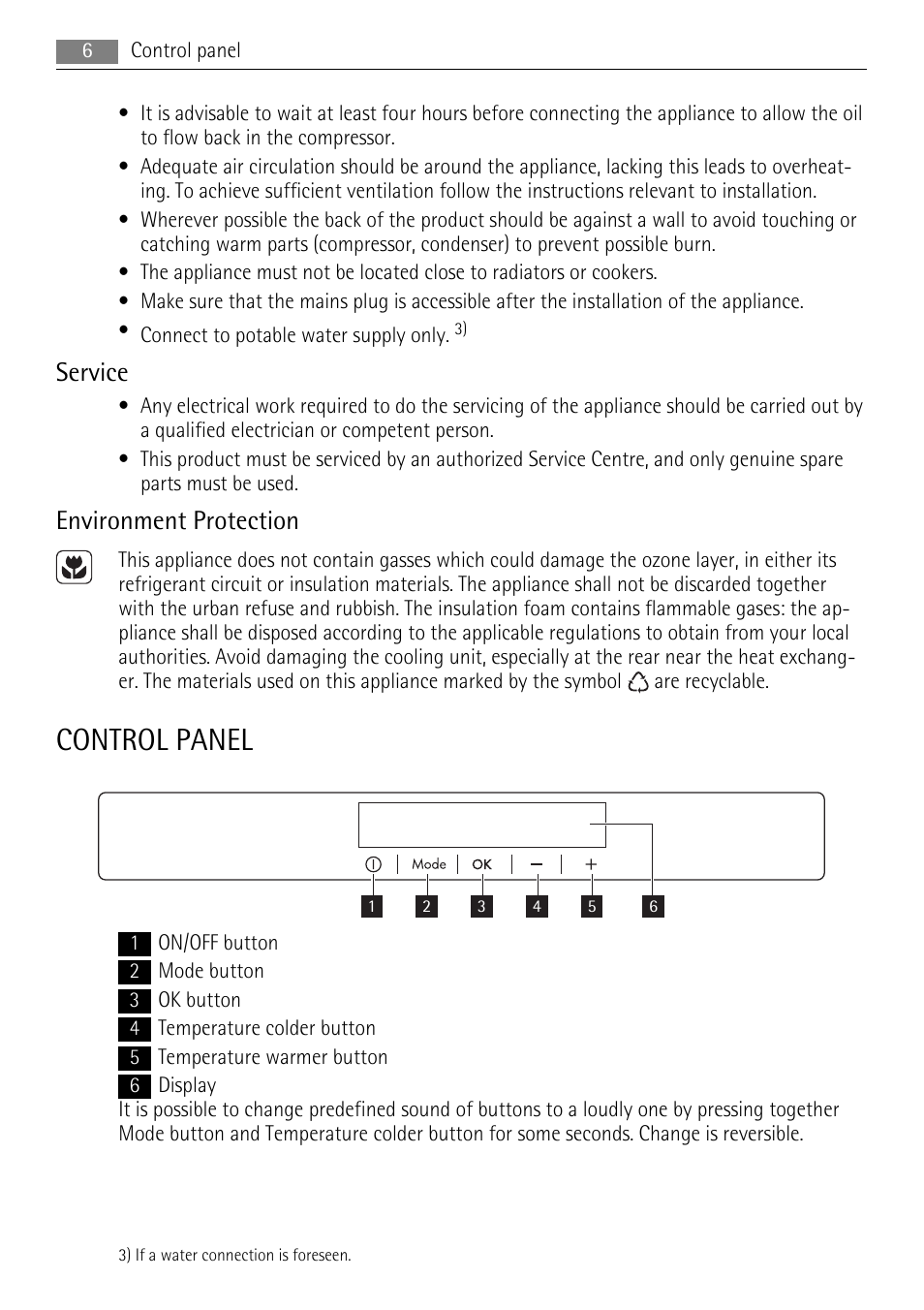 Control panel, Service, Environment protection | AEG SKS78800F0 User Manual | Page 6 / 20