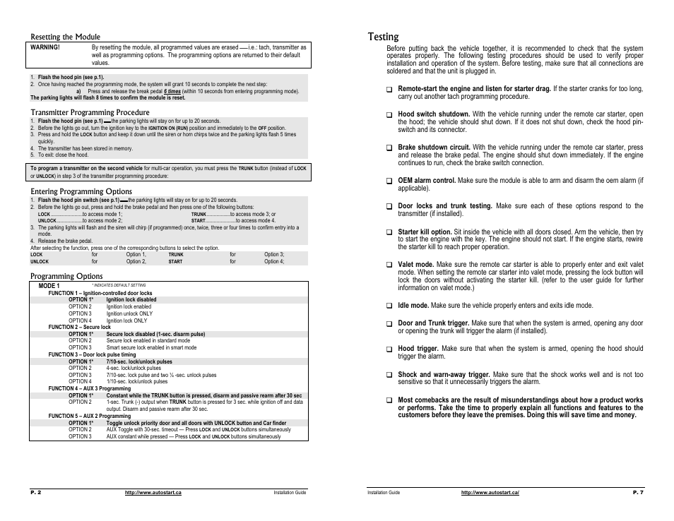 Resetting the module, Transmitter programming procedure, Testing | Autostart One-way Automatic Transmission Remote Starter with Full Alarm System User Manual | Page 2 / 4