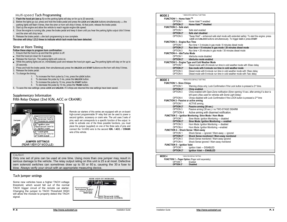 Multi-speed tach programming, Siren or horn timing, Supplementary information | Fifth relay output (2nd ign, acc or crank), Tach jumper settings | Autostart One-way Automatic Transmission Remote Starter with Full Alarm System User Manual | Page 3 / 4