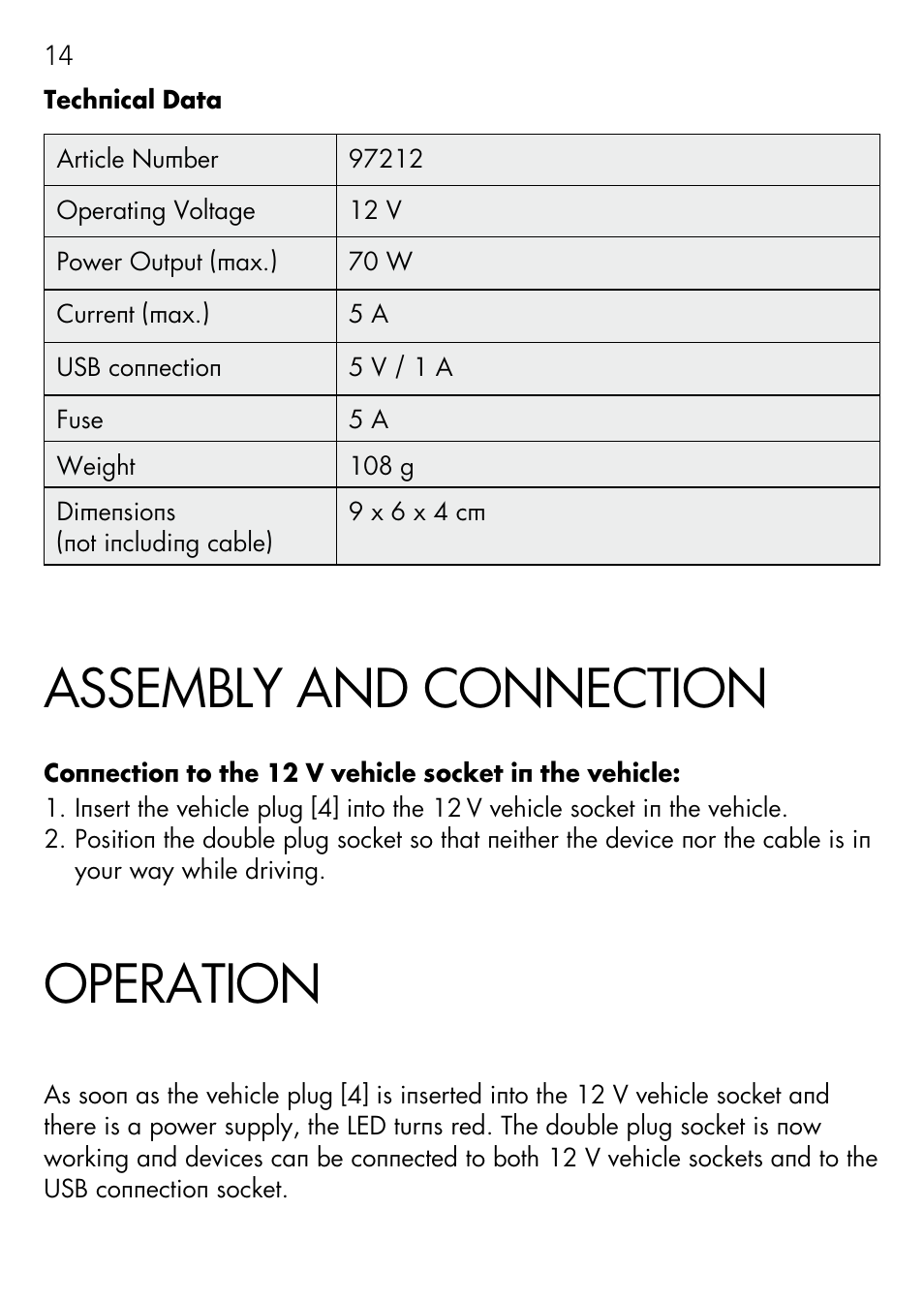 Assembly and connection, Operation | AEG DOUBLE PLUG SOCKET DB 70 User Manual | Page 14 / 54