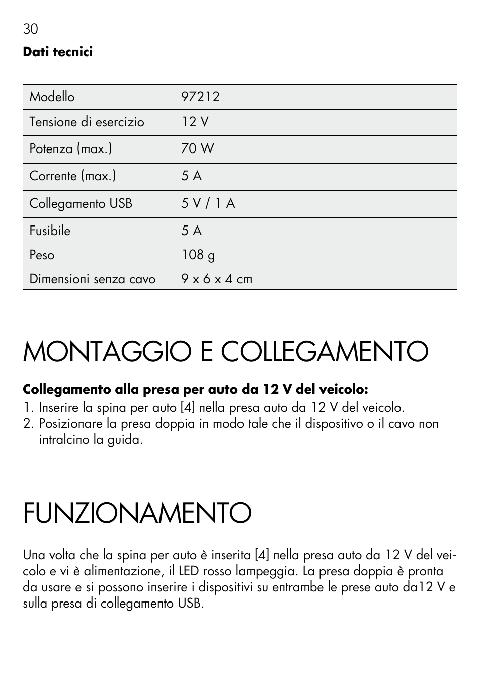 Montaggio e collegamento, Funzionamento | AEG DOUBLE PLUG SOCKET DB 70 User Manual | Page 30 / 54