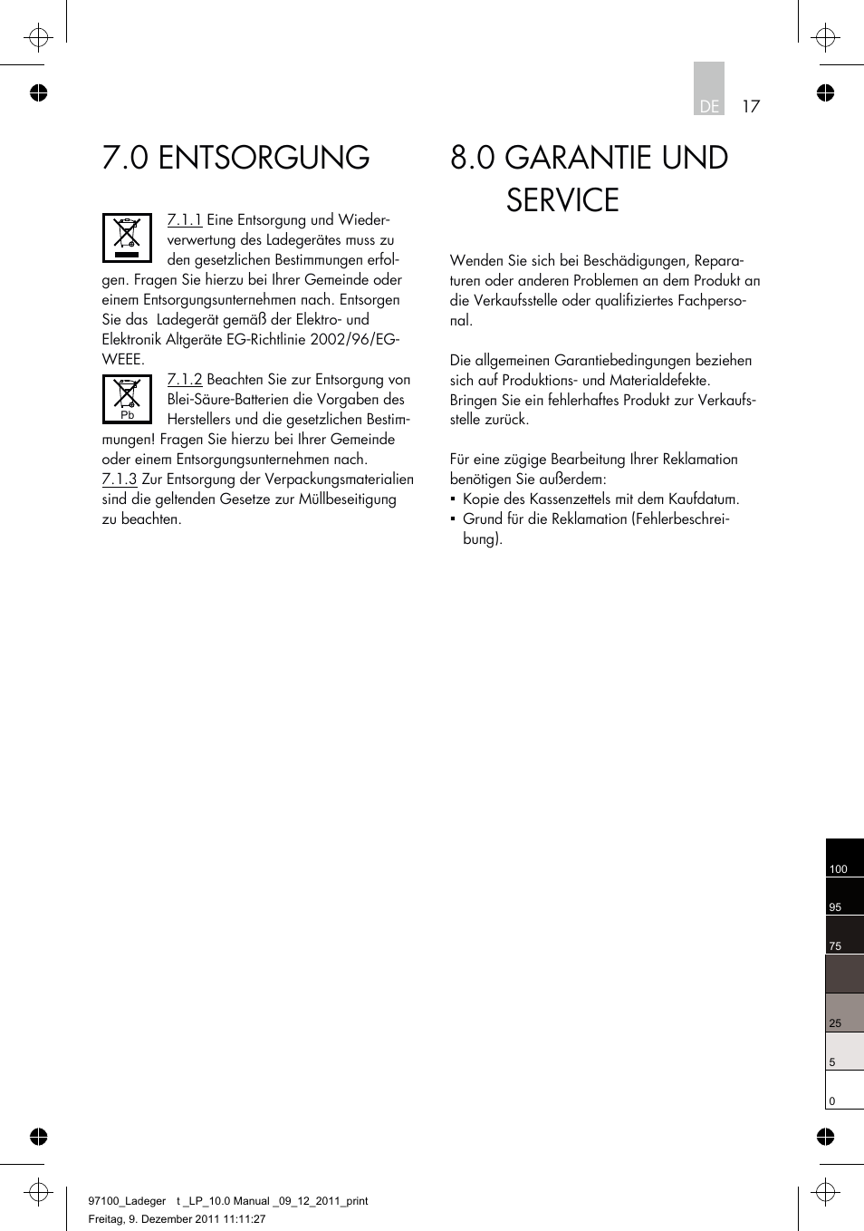 0 garantie und service, 0 entsorgung, 17 de | AEG Battery Charger LP 10.0 User Manual | Page 17 / 98