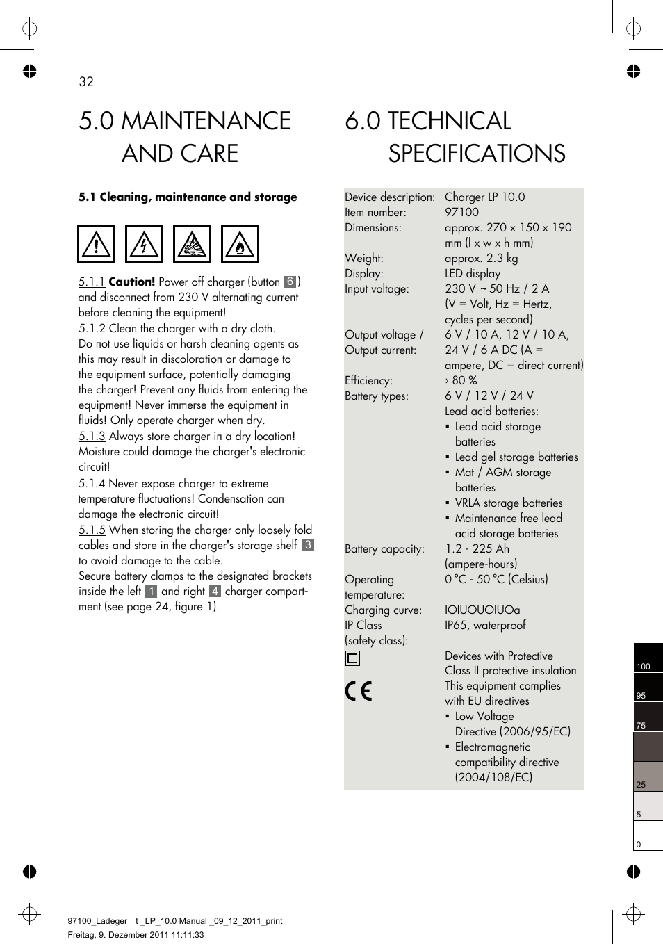 0 technical specifications, 0 maintenance and care | AEG Battery Charger LP 10.0 User Manual | Page 32 / 98