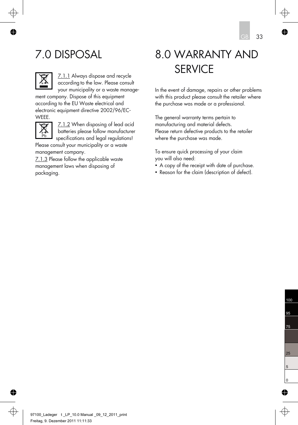 0 warranty and service, 0 disposal | AEG Battery Charger LP 10.0 User Manual | Page 33 / 98