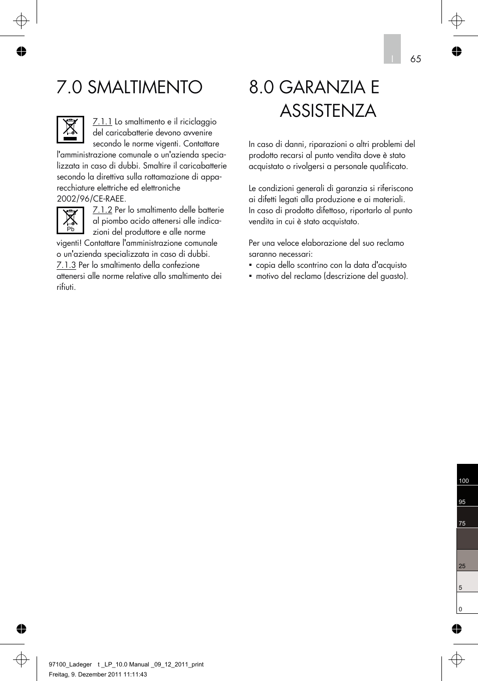 0 garanzia e assistenza, 0 smaltimento | AEG Battery Charger LP 10.0 User Manual | Page 65 / 98