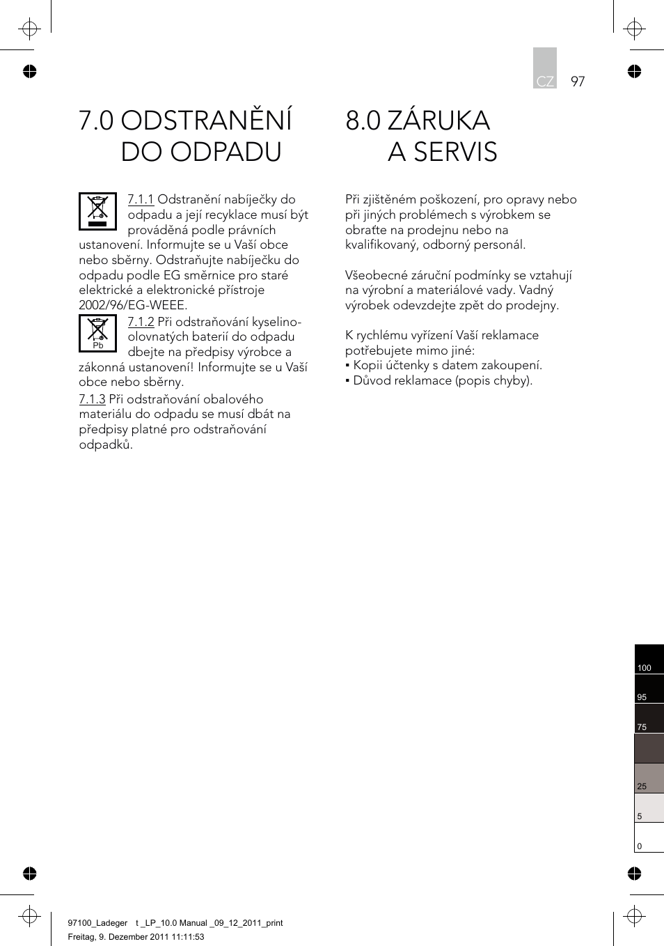 0 záruka a servis, 0 odstranění do odpadu | AEG Battery Charger LP 10.0 User Manual | Page 97 / 98