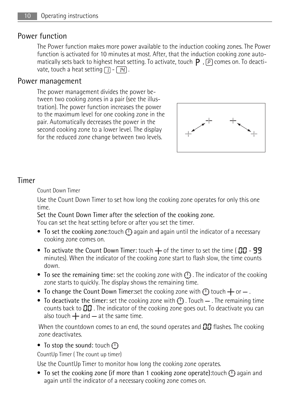 Power function, Power management, Timer | AEG HK654400XB User Manual | Page 10 / 20