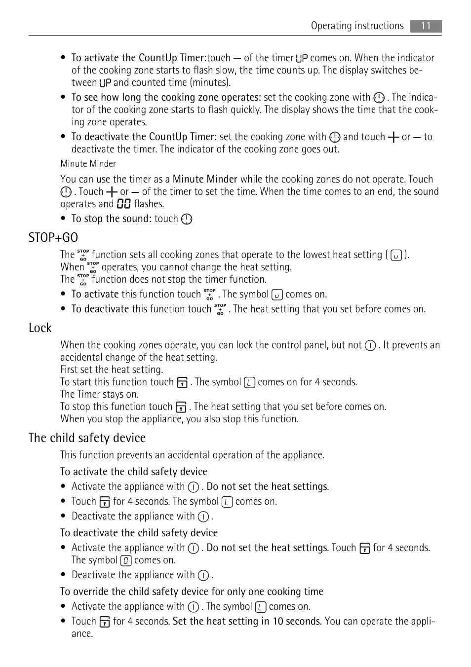 Stop+go, Lock, The child safety device | AEG HK654400XB User Manual | Page 11 / 20