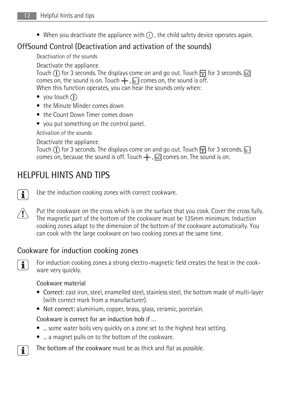 Helpful hints and tips, Cookware for induction cooking zones | AEG HK654400XB User Manual | Page 12 / 20
