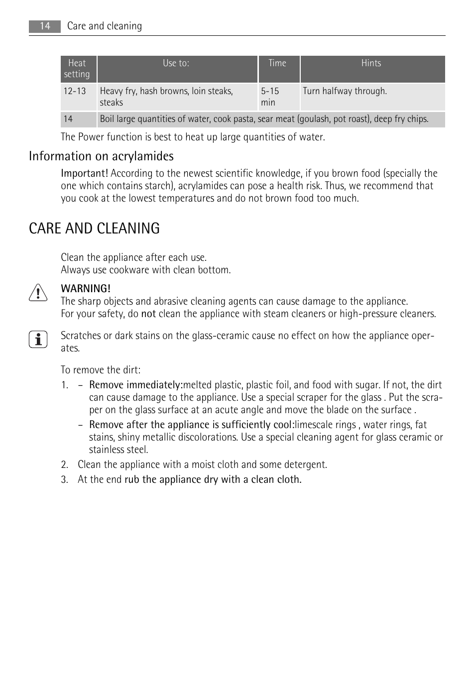 Care and cleaning, Information on acrylamides | AEG HK654400XB User Manual | Page 14 / 20