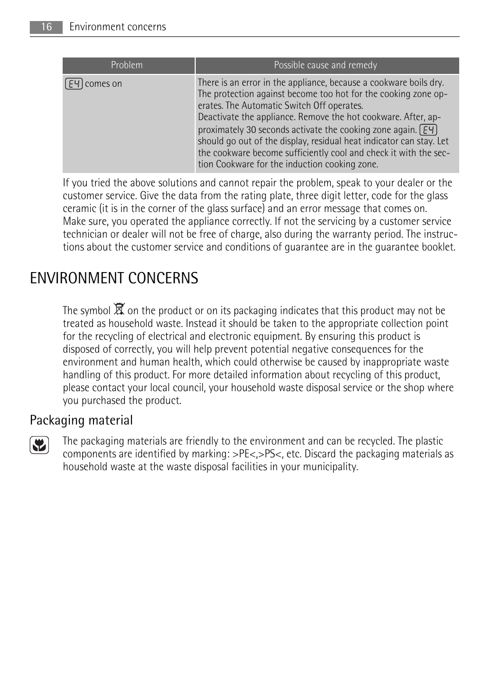 Environment concerns, Packaging material | AEG HK654400XB User Manual | Page 16 / 20