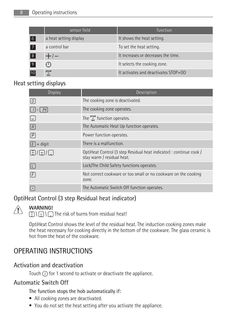 Operating instructions, Heat setting displays, Optiheat control (3 step residual heat indicator) | Activation and deactivation, Automatic switch off | AEG HK654400XB User Manual | Page 8 / 20