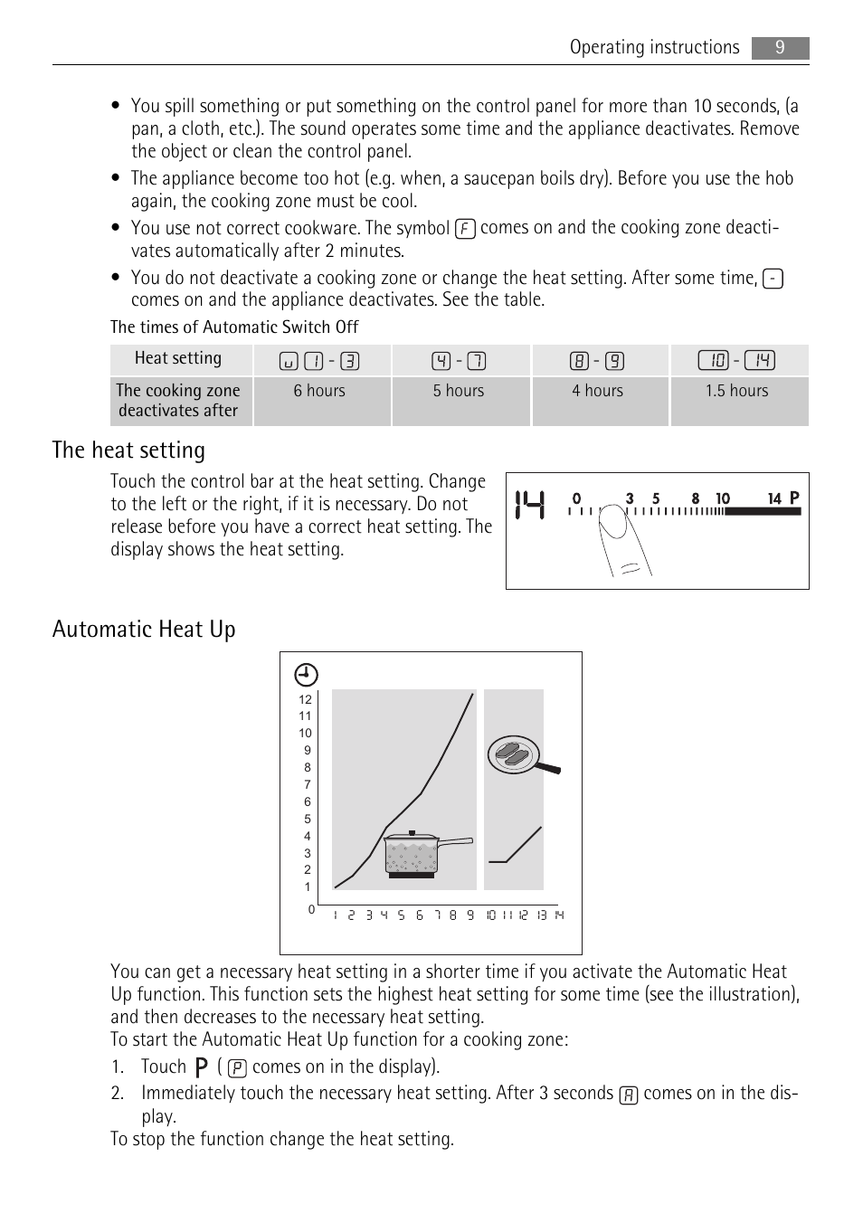 The heat setting, Automatic heat up | AEG HK654400XB User Manual | Page 9 / 20