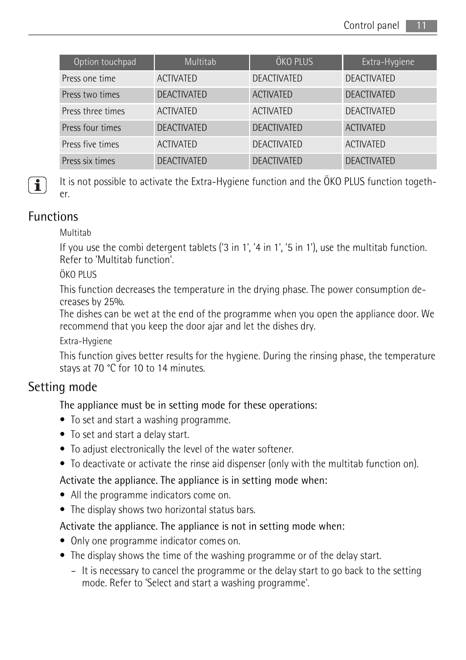 Functions, Setting mode | AEG F99009M0P User Manual | Page 11 / 28