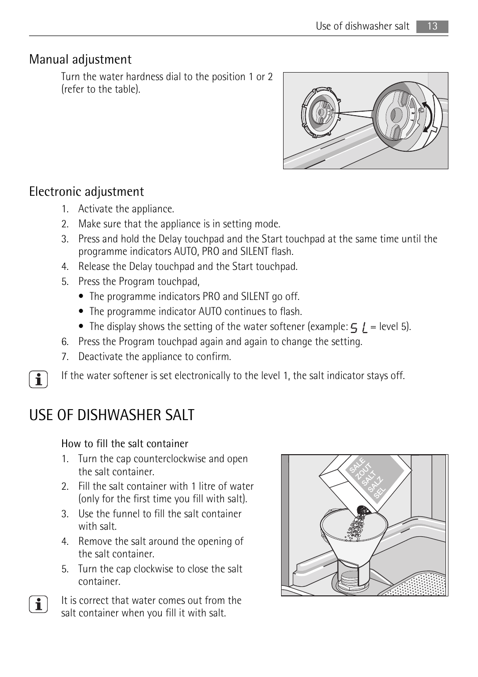 Use of dishwasher salt, Manual adjustment, Electronic adjustment | AEG F99009M0P User Manual | Page 13 / 28