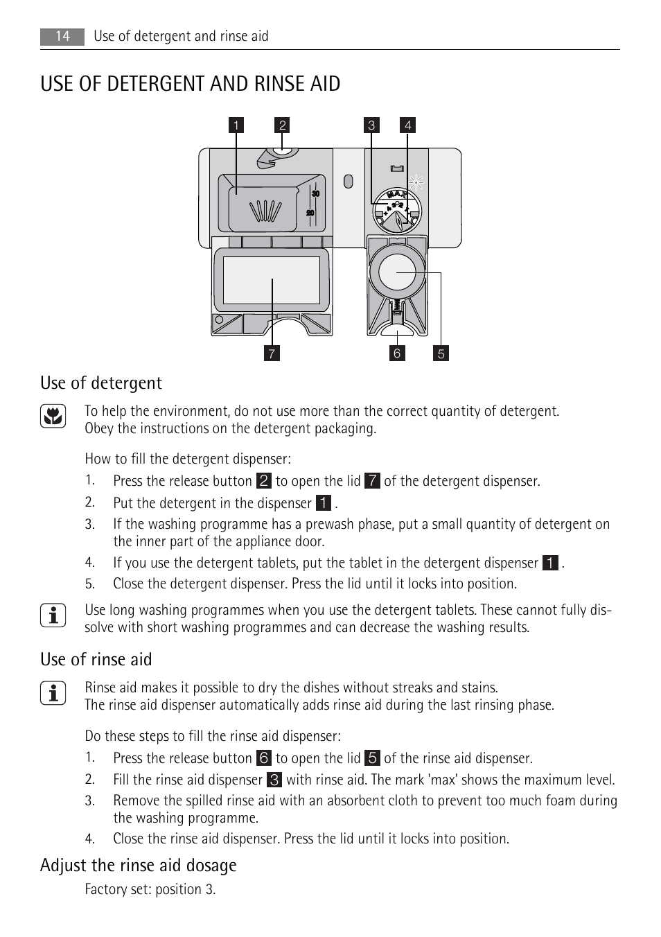 Use of detergent and rinse aid, Use of detergent, Use of rinse aid | Adjust the rinse aid dosage | AEG F99009M0P User Manual | Page 14 / 28