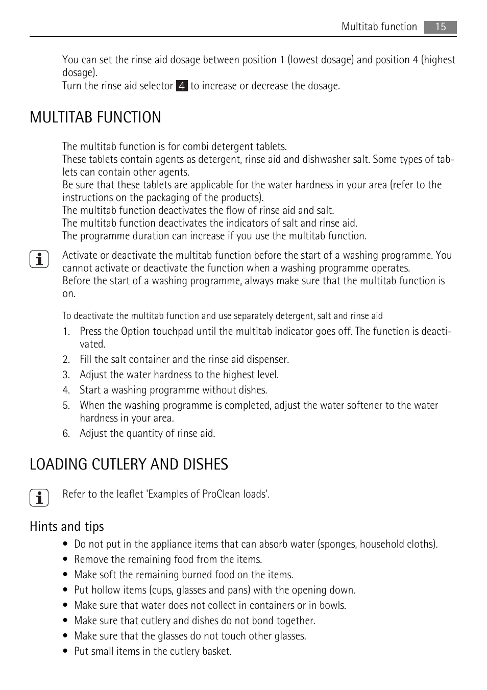 Multitab function, Loading cutlery and dishes, Hints and tips | AEG F99009M0P User Manual | Page 15 / 28