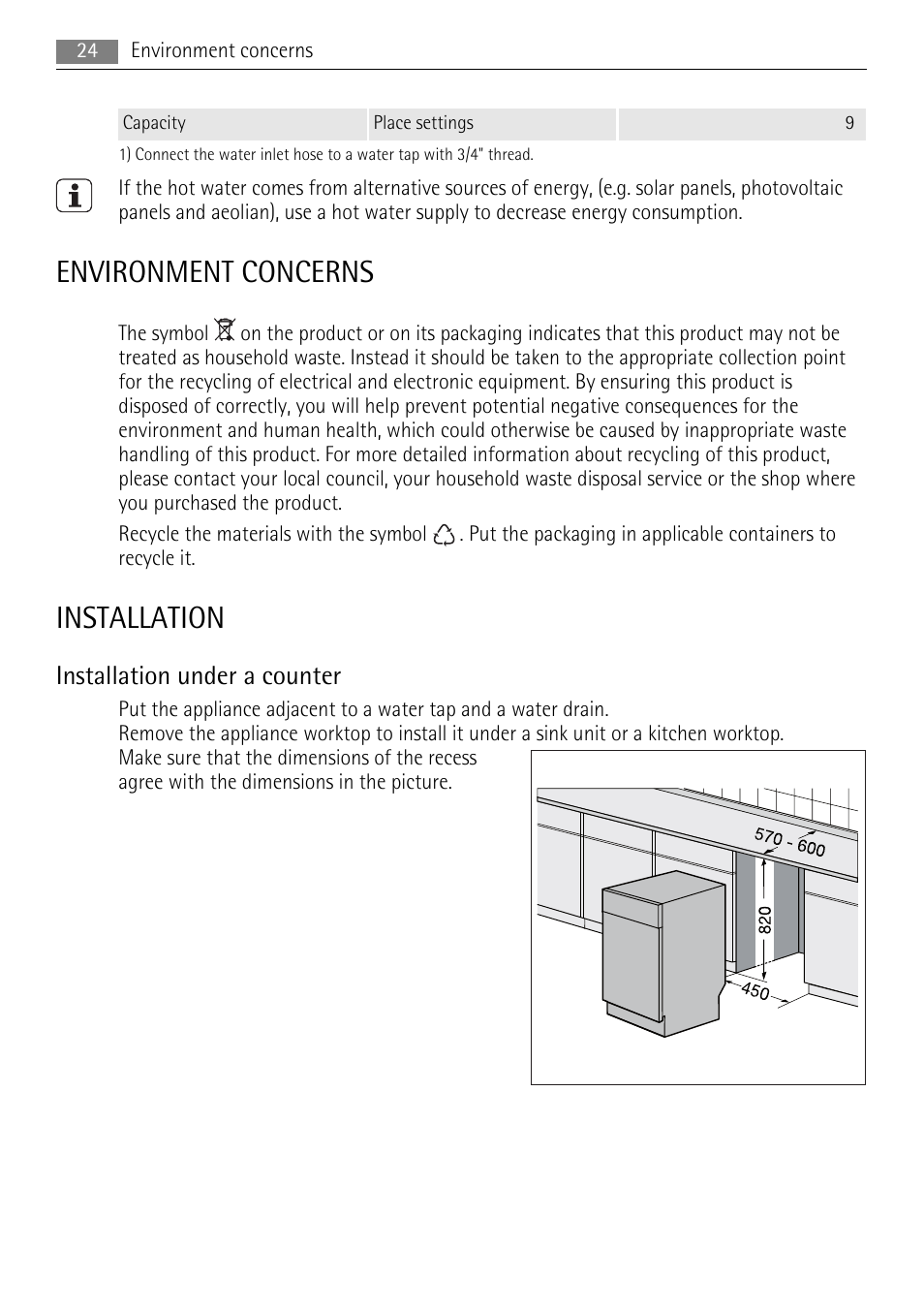 Environment concerns, Installation, Installation under a counter | AEG F99009M0P User Manual | Page 24 / 28