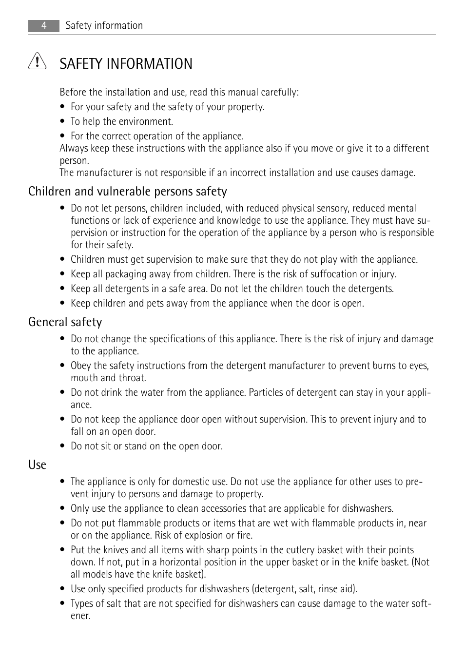 Safety information, Children and vulnerable persons safety, General safety | AEG F99009M0P User Manual | Page 4 / 28