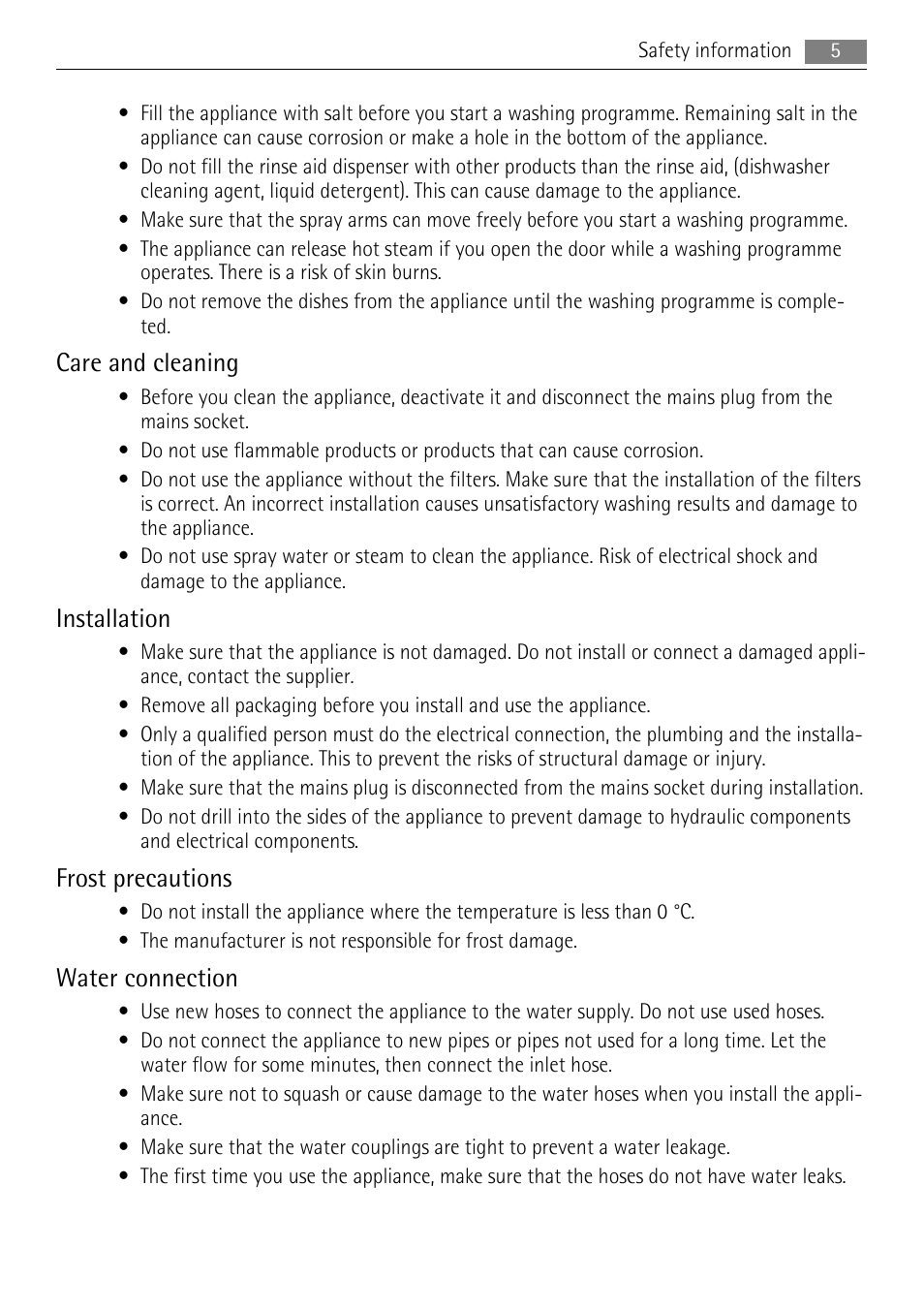 Care and cleaning, Installation, Frost precautions | Water connection | AEG F99009M0P User Manual | Page 5 / 28