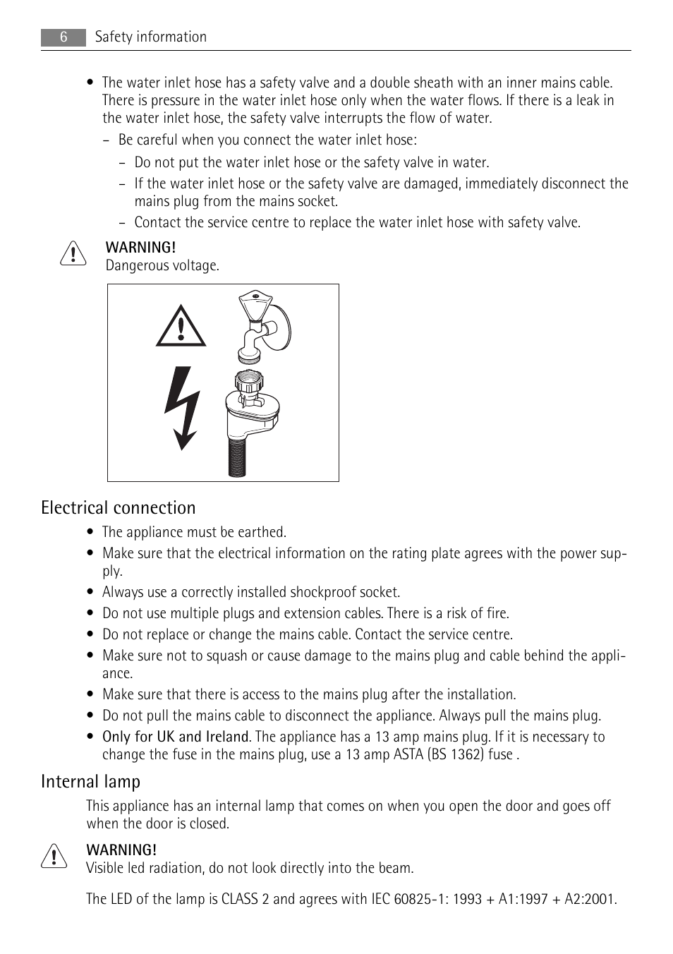 Electrical connection, Internal lamp | AEG F99009M0P User Manual | Page 6 / 28