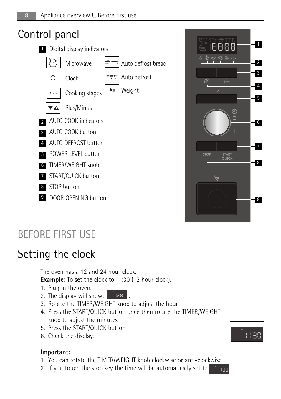 Control panel, Setting the clock, Before first use | 8appliance overview & before first use | AEG MC2664E-W User Manual | Page 8 / 36