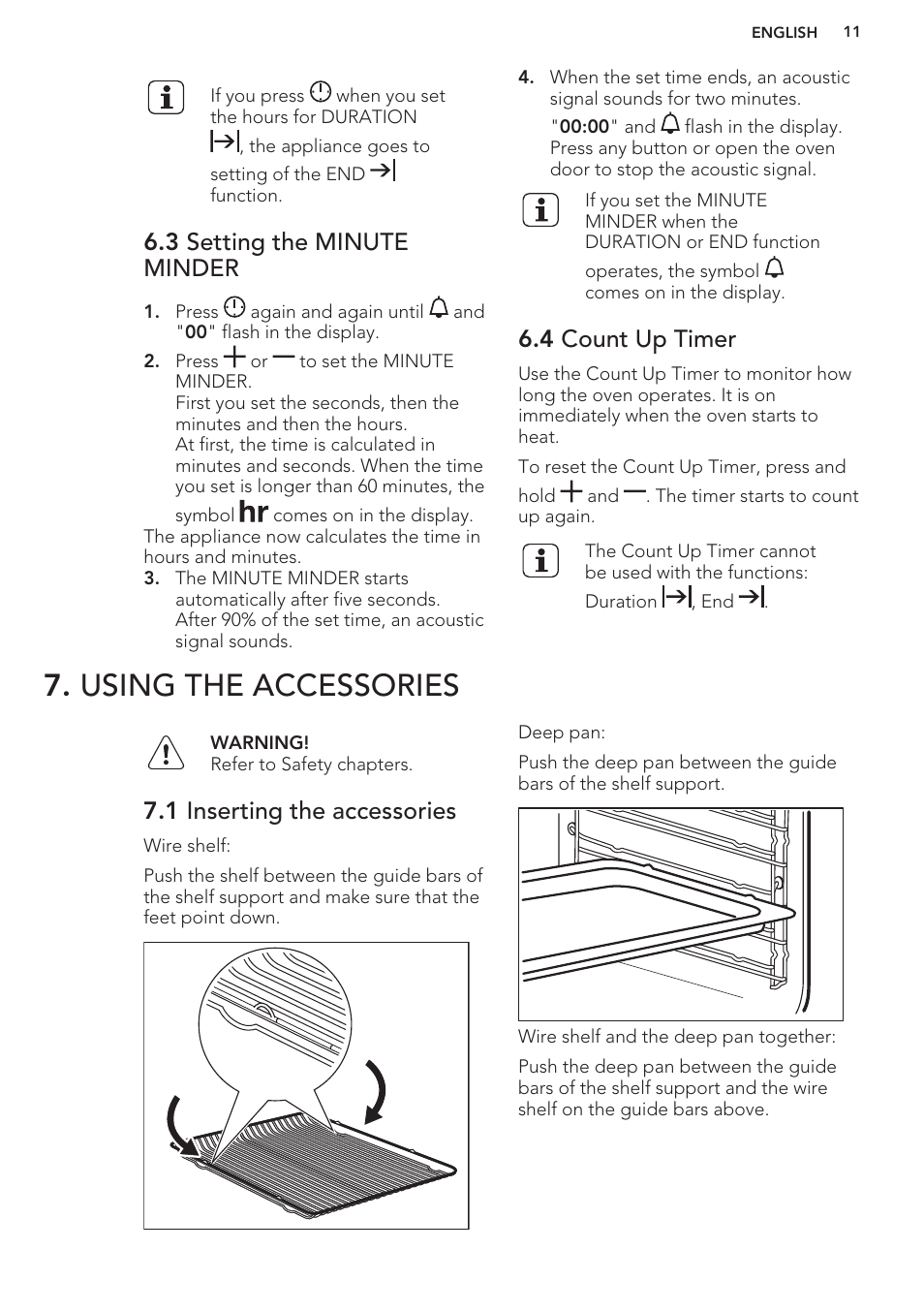 3 setting the minute minder, 4 count up timer, Using the accessories | 1 inserting the accessories | AEG BE5304001B User Manual | Page 11 / 32