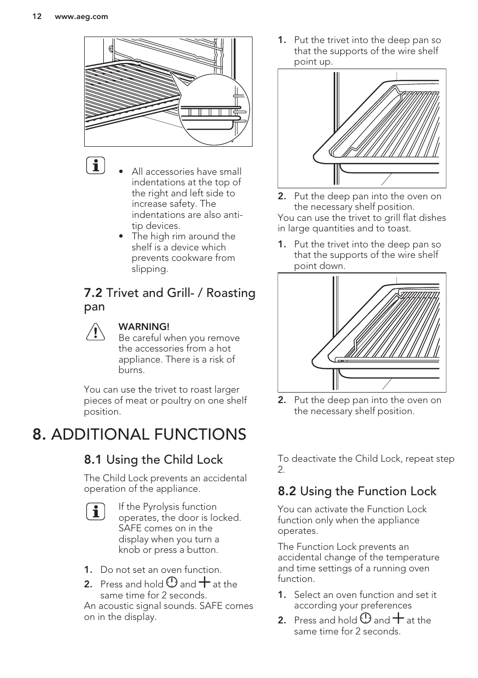 2 trivet and grill- / roasting pan, Additional functions, 1 using the child lock | 2 using the function lock | AEG BE5304001B User Manual | Page 12 / 32