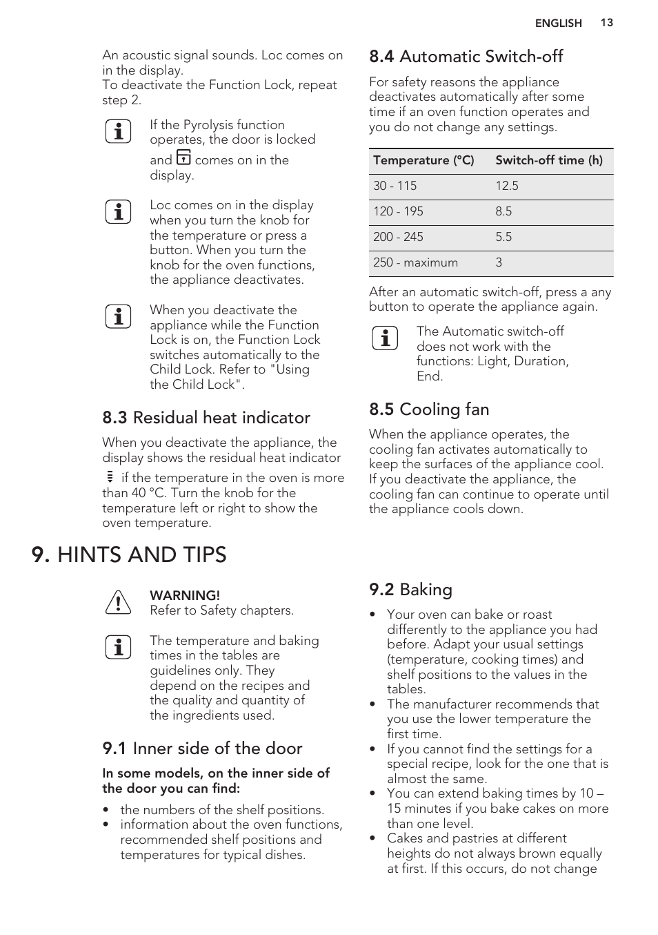 3 residual heat indicator, 4 automatic switch-off, 5 cooling fan | Hints and tips, 1 inner side of the door, 2 baking | AEG BE5304001B User Manual | Page 13 / 32