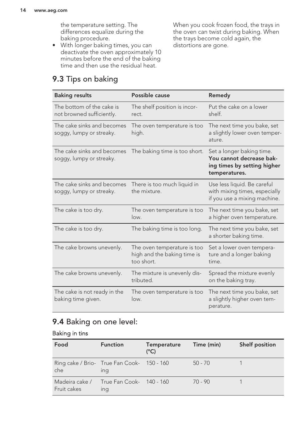 3 tips on baking, 4 baking on one level | AEG BE5304001B User Manual | Page 14 / 32